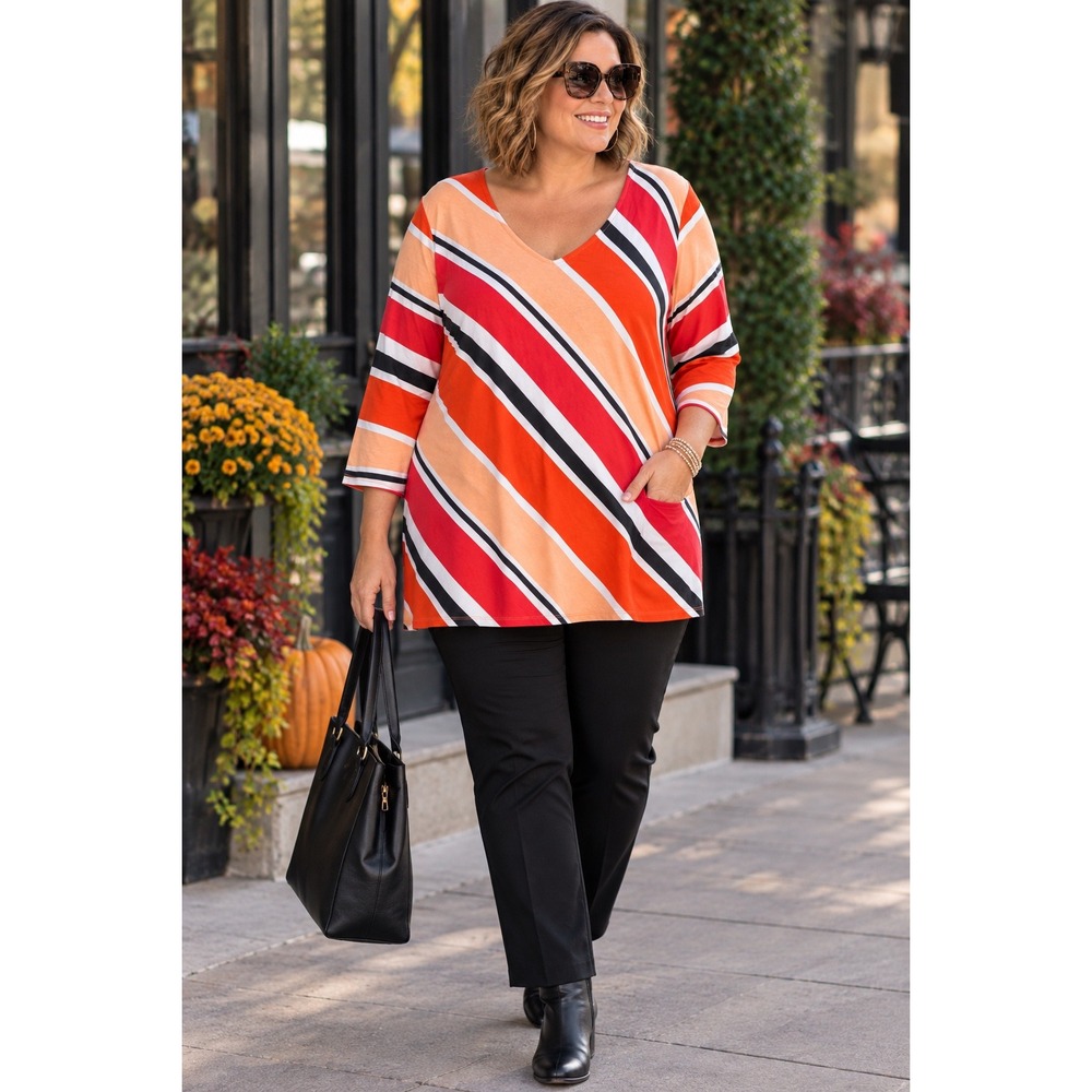 Roaman's Tunic Top Women's 1X 22/24 Orange Red Peach Striped V Neck Plus Size